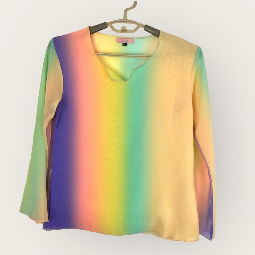 Forever 21 Rainbow Blouse Chiffon Sheer Colorful Long Sleeved Top